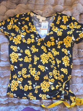 Michael Kors Black Wrap Top with Yellow Floral Print